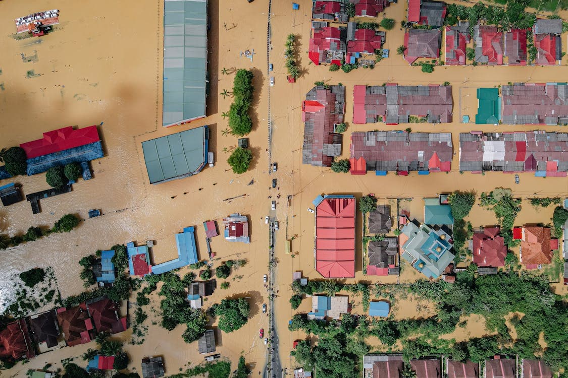 Aerial view of flooded residential neighborhood during a hurricane